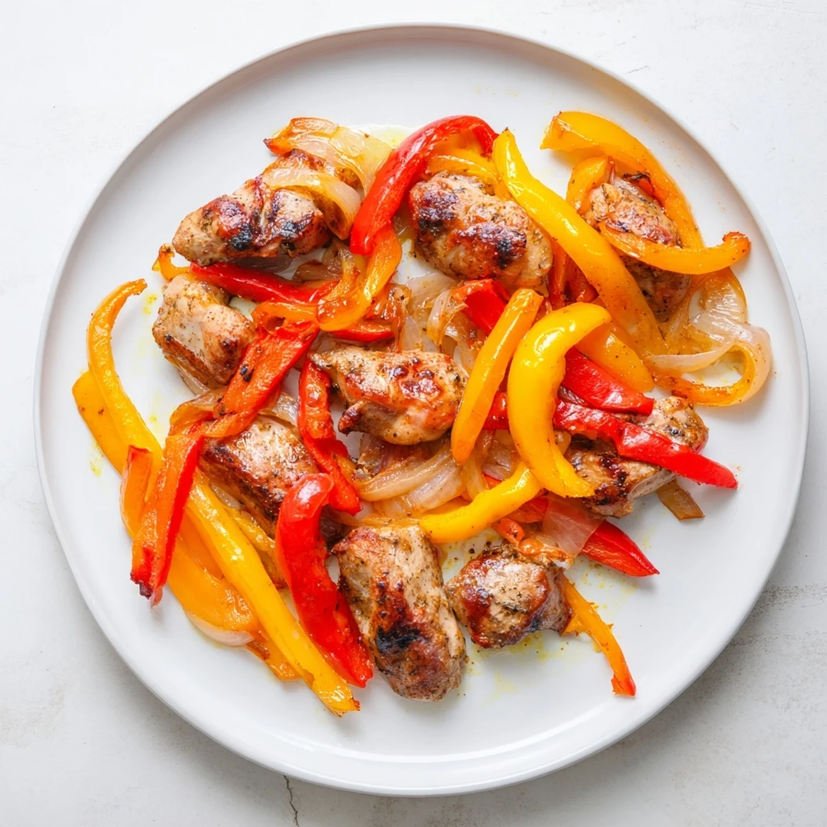 Enjoy a close-up of sheet pan chicken fajitas, showcasing the vibrant spices and delicious, charred vegetables.