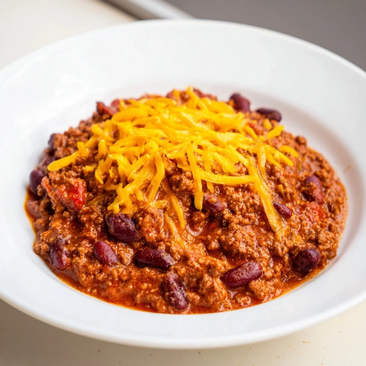 Close-up of a comforting bowl of beef and bean chili, perfect for a chilly evening with friends.