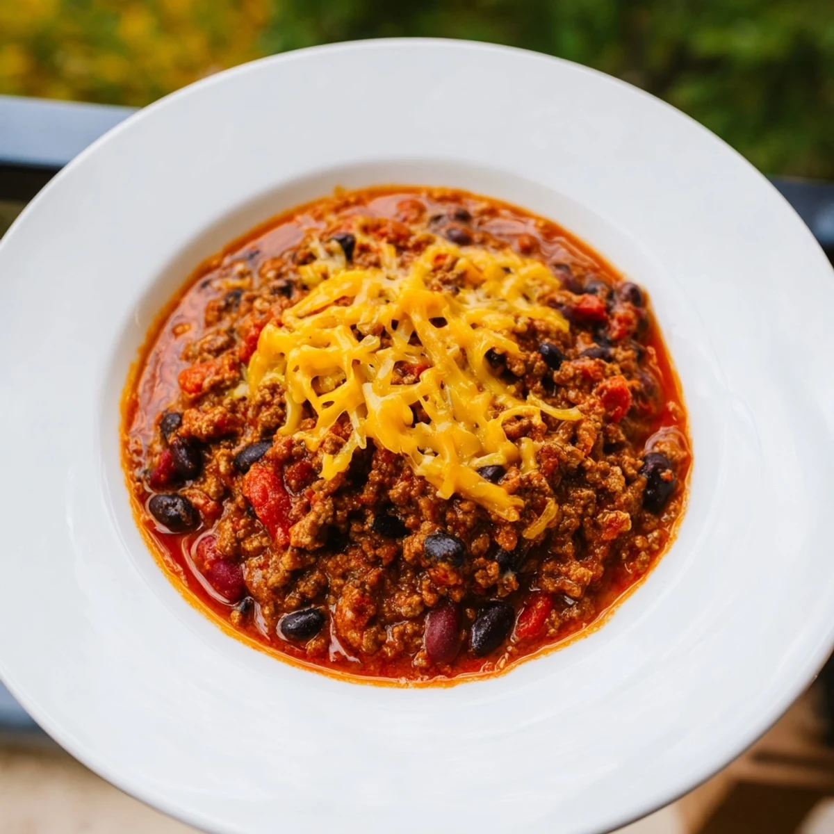 A generous serving of hearty beef and bean chili, beautifully garnished, ready to enjoy at dinner.