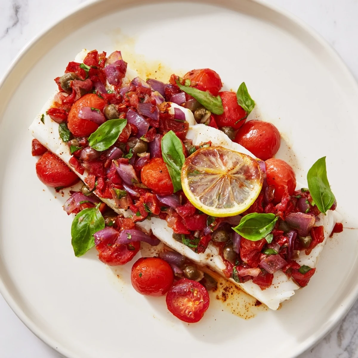 Oven-baked halibut topped with a vibrant, flavorful tomato-basil relish, ready to eat.