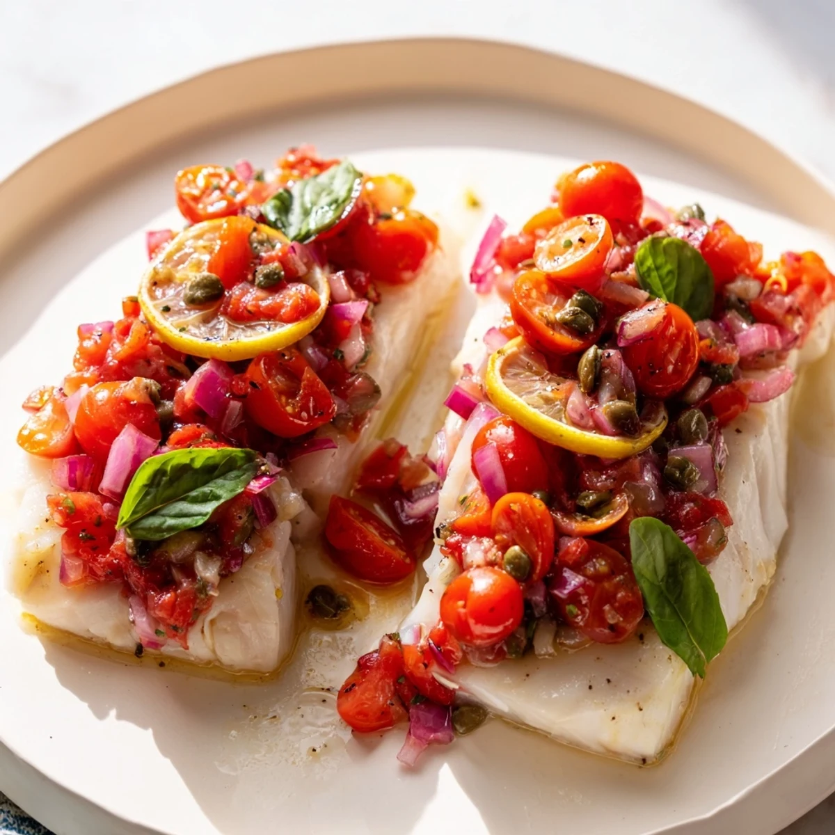 Flaky baked halibut with bright red tomato-basil relish, a fresh and flavorful meal!