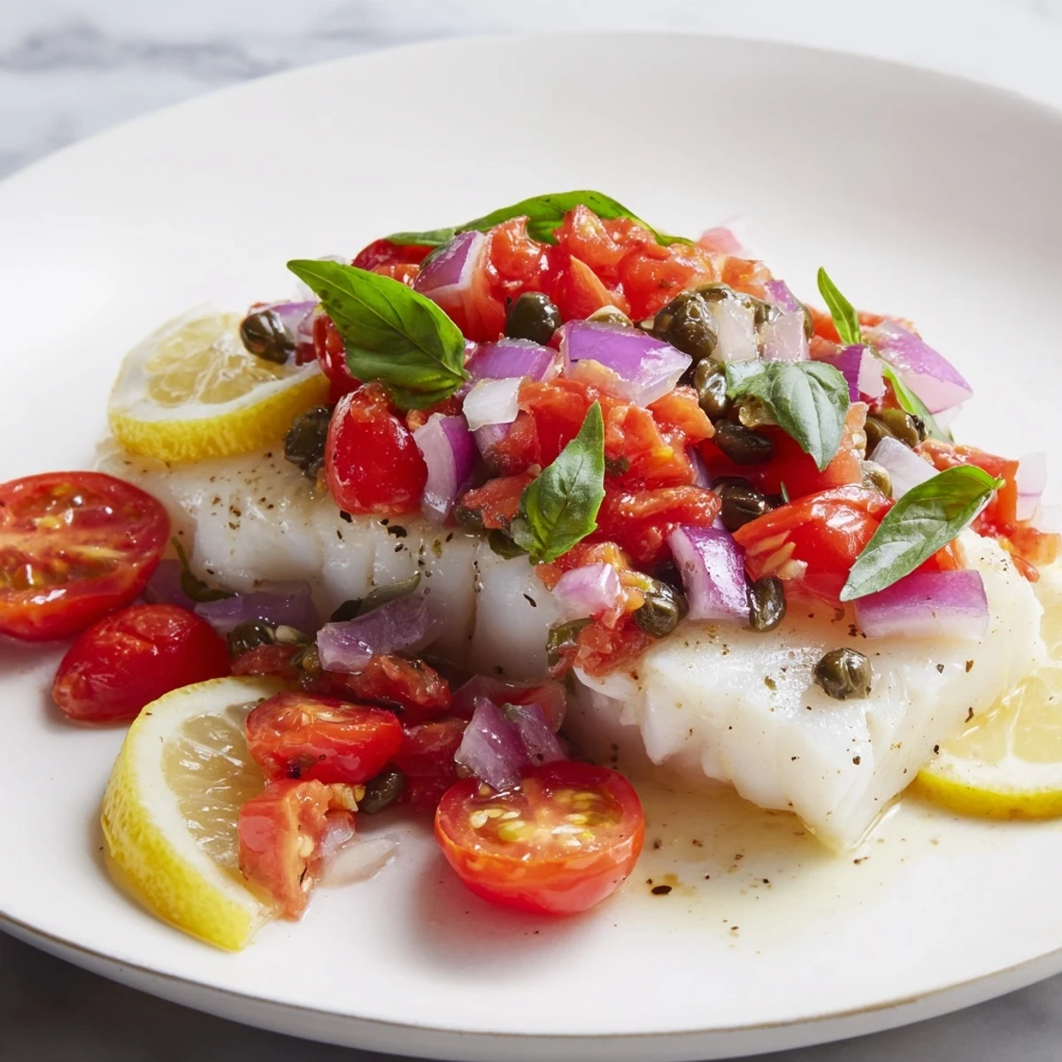 Beautiful plated dish: succulent halibut with a generous portion of tomato and basil relish.