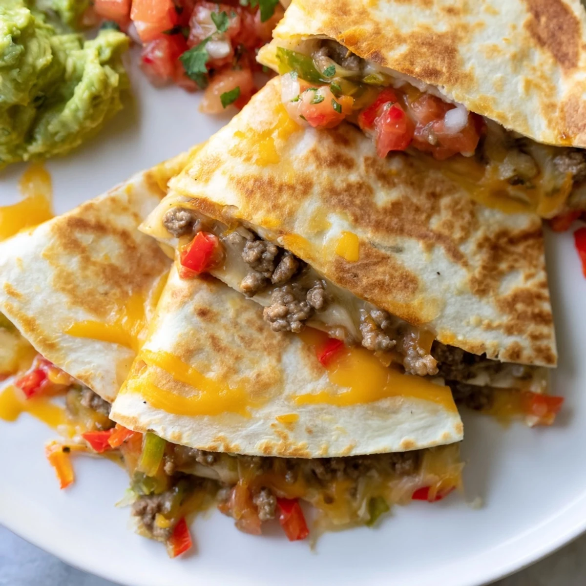 Golden-brown beef quesadillas filled with melted cheese, served with fresh salsa and creamy guacamole.