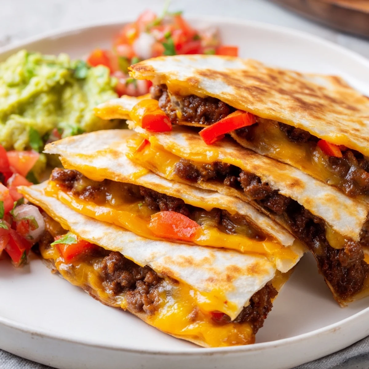 A close-up of crispy beef quesadillas with a cheesy interior, ready to be enjoyed with toppings.