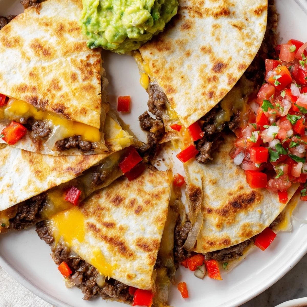 Steaming plate of beef quesadillas, showcasing the savory ground beef and colorful, fresh salsa.