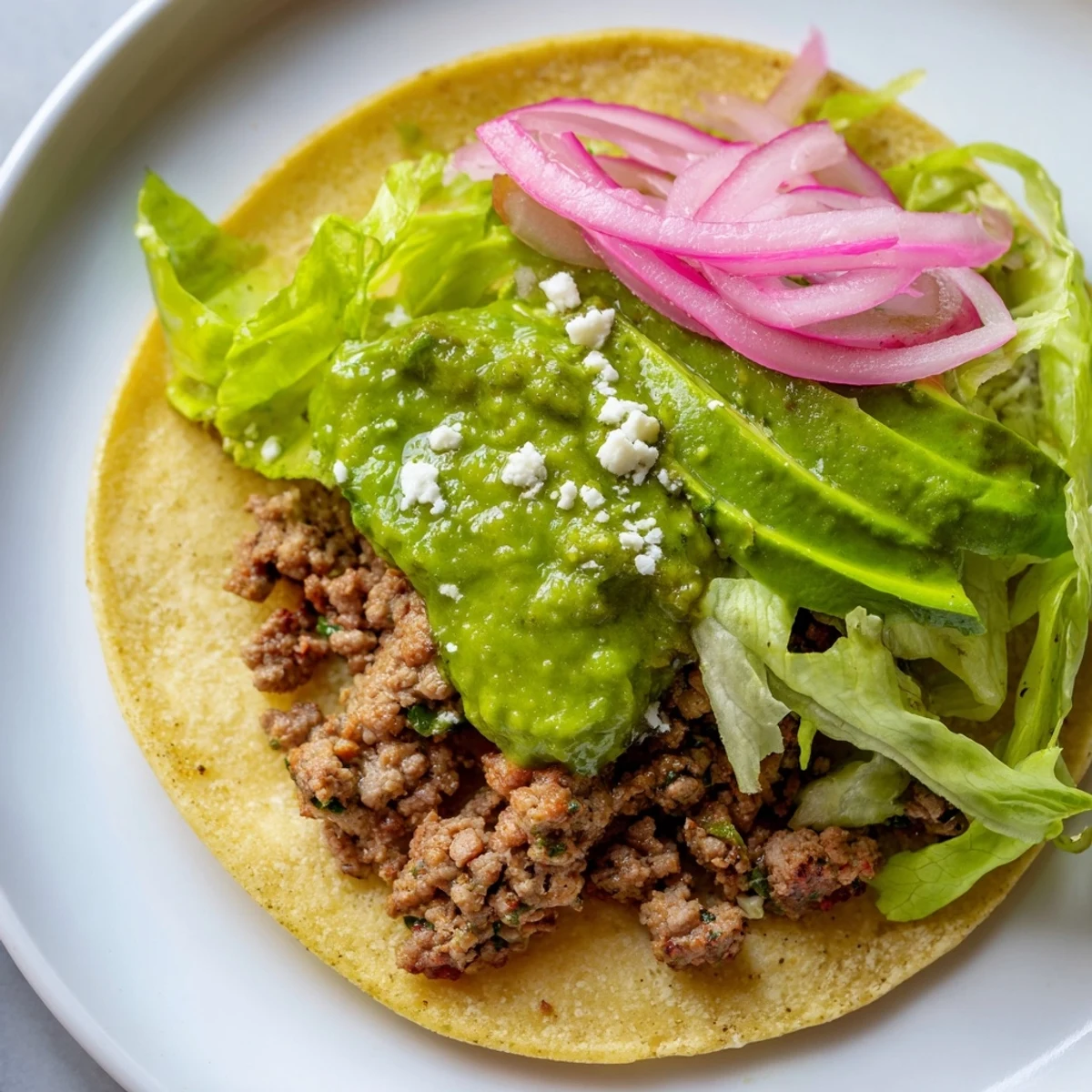 A close-up of delicious beef tacos, overflowing with savory fillings and a vibrant green salsa verde.
