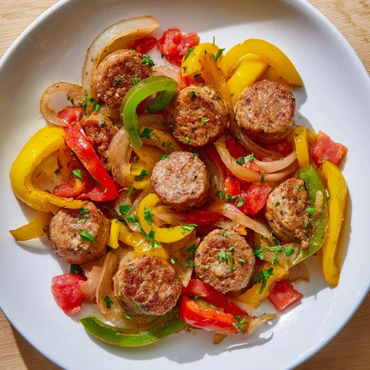 Sizzling Turkey Sausage and Pepper Skillet with colorful bell peppers, ready to serve hot.
