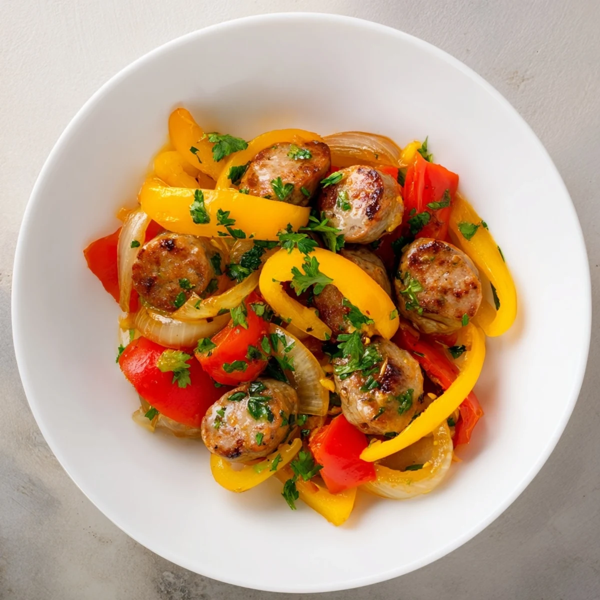A close-up of a flavorful Turkey Sausage and Pepper Skillet, perfect for a quick dinner.
