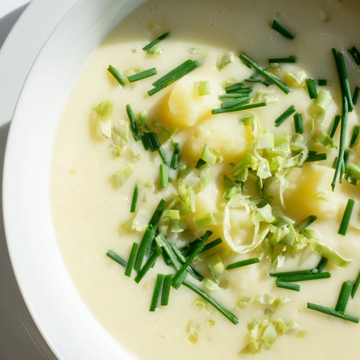 A close-up shot of the creamy potato and leek soup, showcasing its smooth, velvety texture.