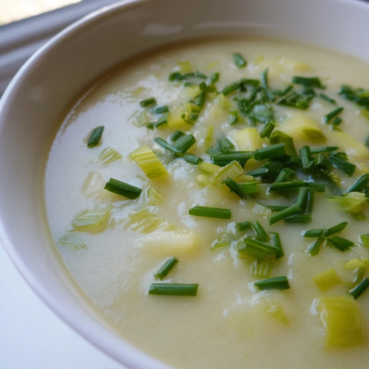 Warm, inviting spoonful of the creamy potato and leek soup, a comforting French classic.
