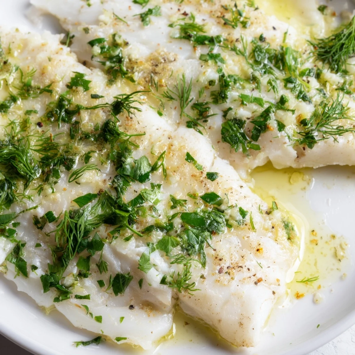 Tender, oven-baked Haddock fillets are glistening with butter and herbs, ideal for a quick dinner.