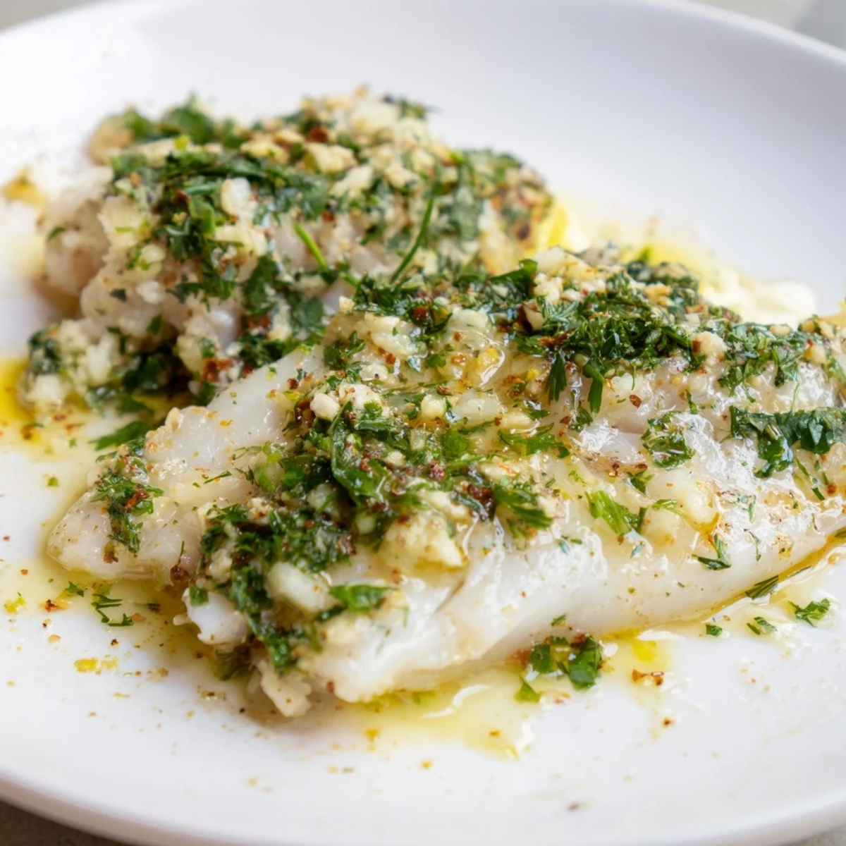 Golden, flaky Baked Haddock infused with zesty lemon and aromatic herbs, ready for serving.
