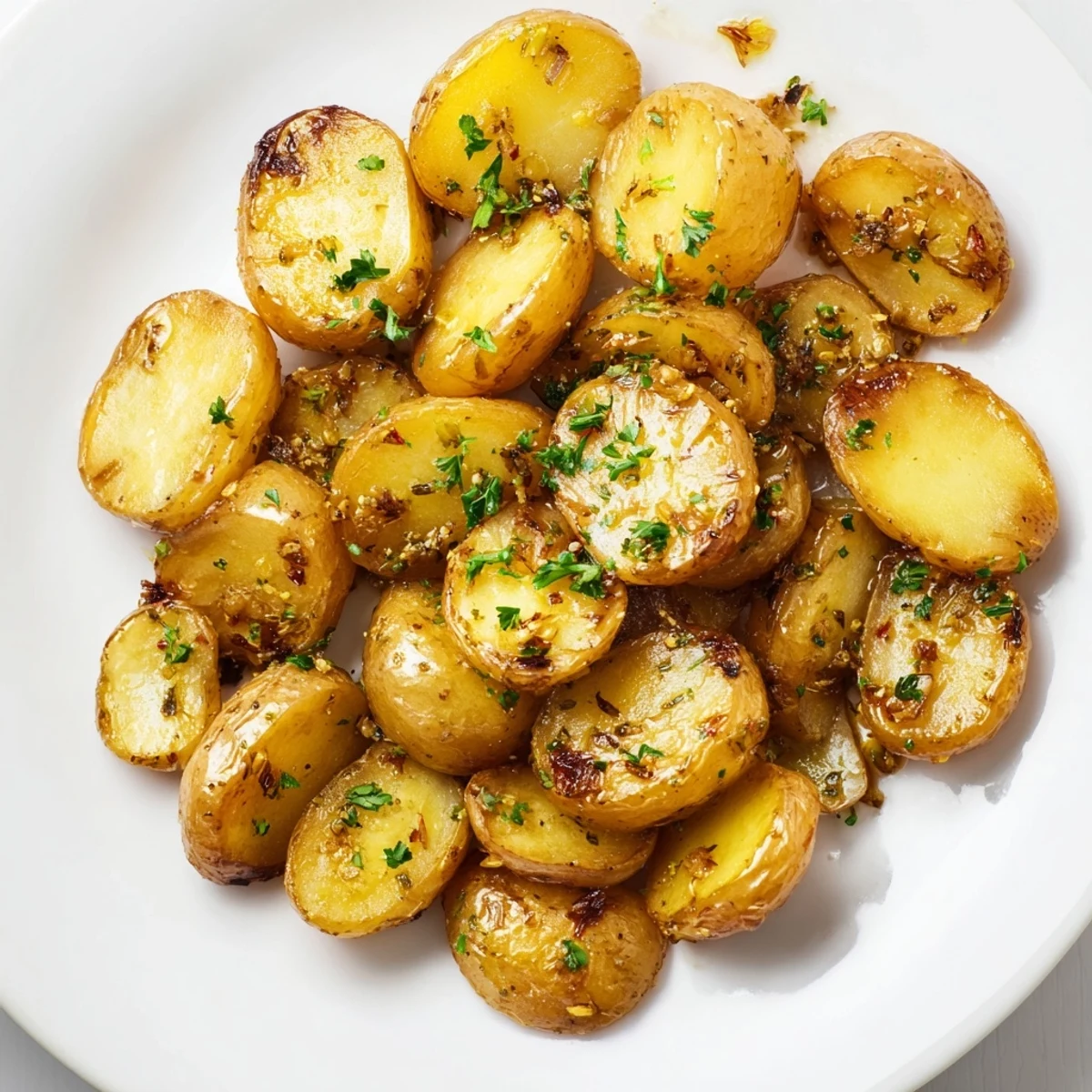 Golden, crispy Lemon Garlic Roasted Potatoes, a flavorful vegetarian side dish with lemon and herbs.