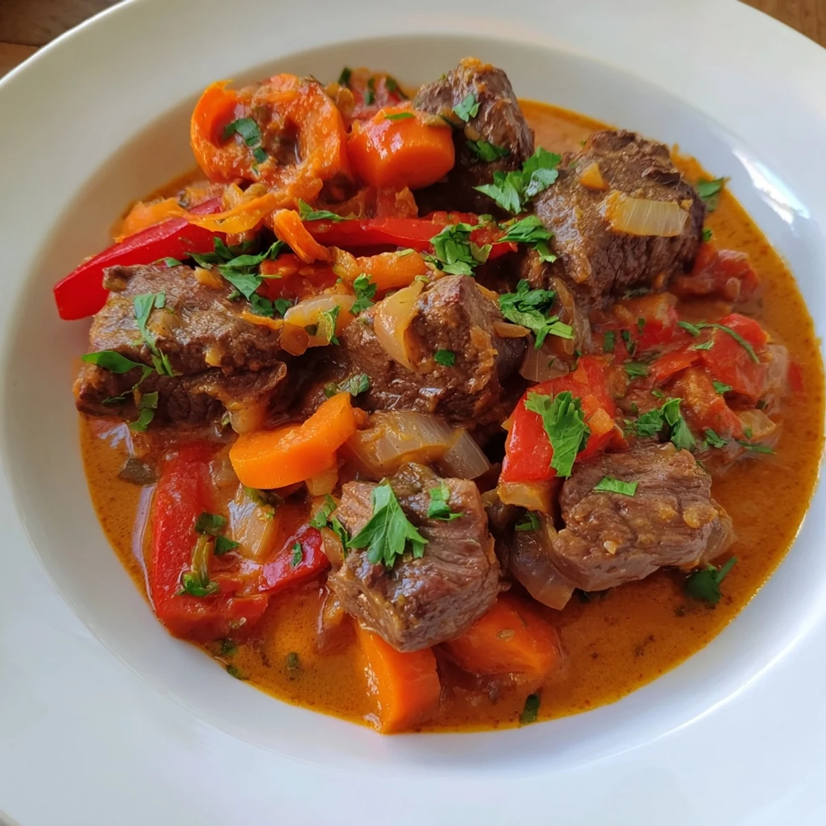 Slow cooker beef curry served with fluffy rice, the tender beef melting in your mouth.