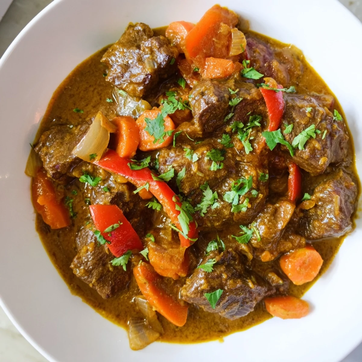 A delicious, aromatic slow cooker beef curry, showcasing a hearty stew with warm spices.