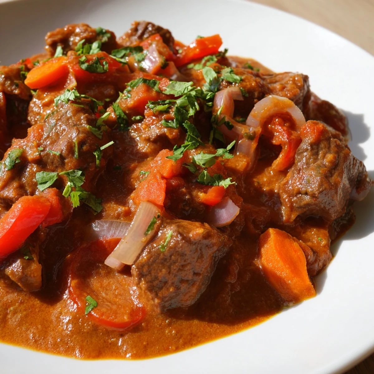 Fresh cilantro garnish tops the flavorful slow cooker beef curry, perfect for a cozy dinner.