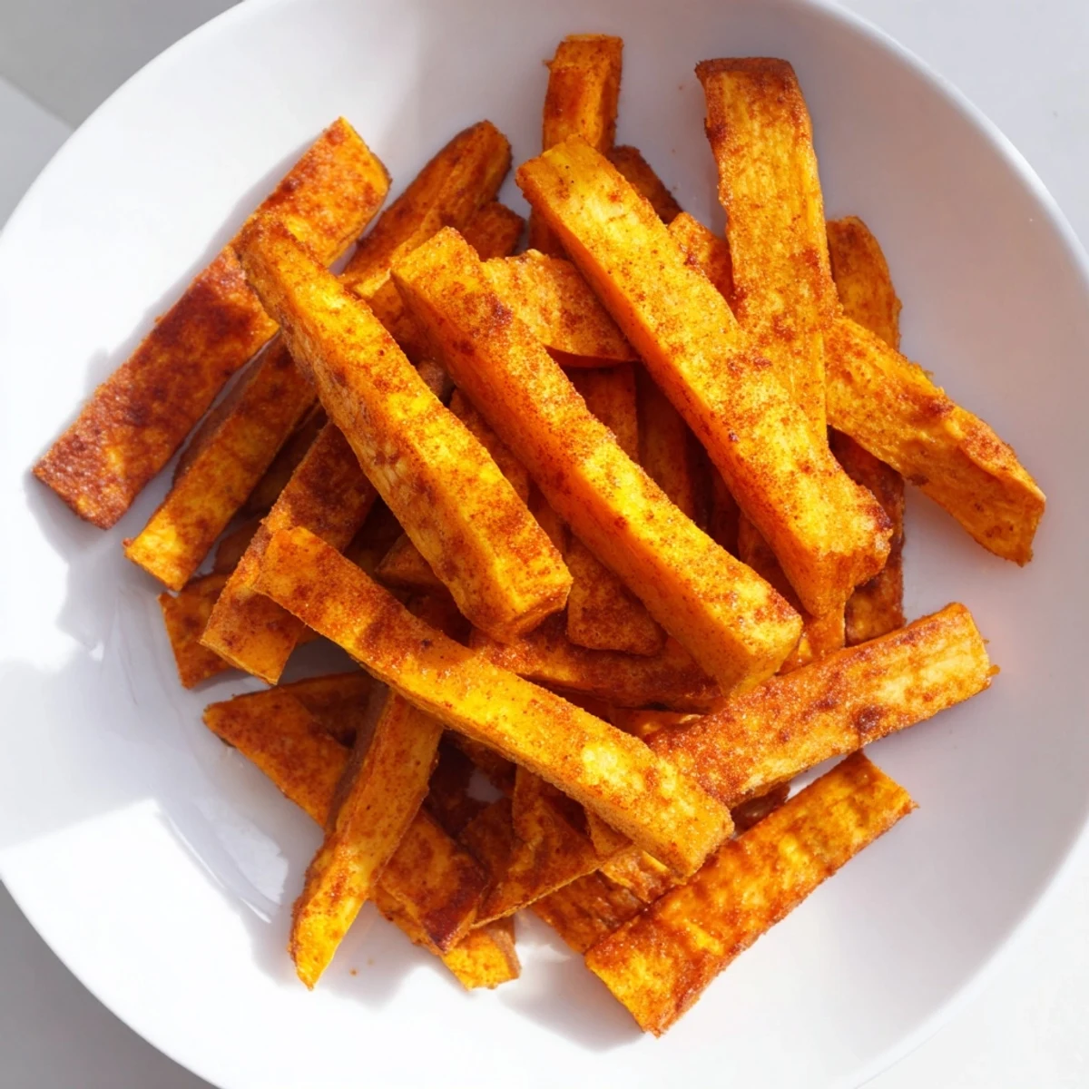 A close-up of perfectly crisp baked sweet potato fries, with a dusting of paprika, served fresh.