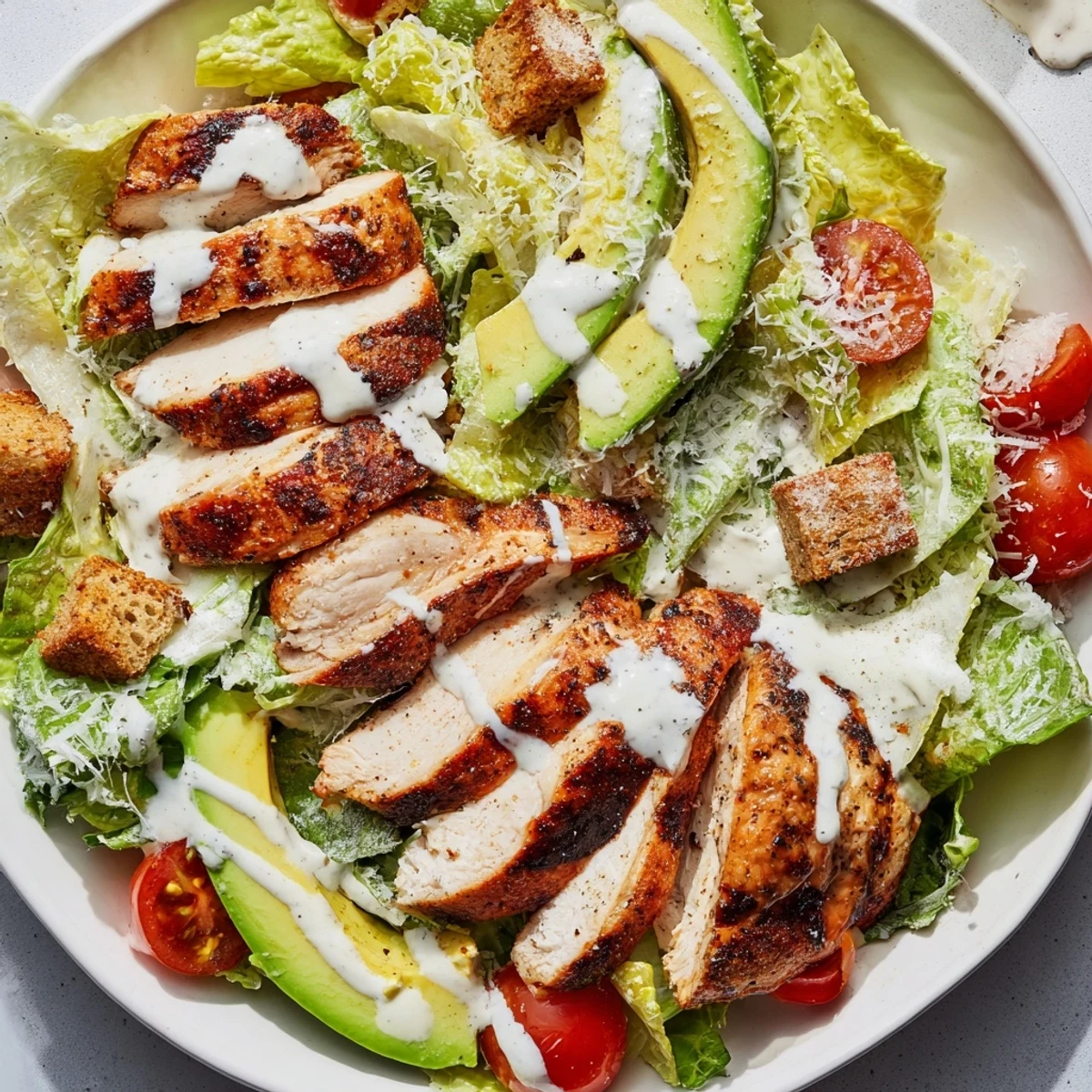 Juicy grilled chicken and creamy avocado star in this Chicken Caesar Salad, a flavorful American classic.
