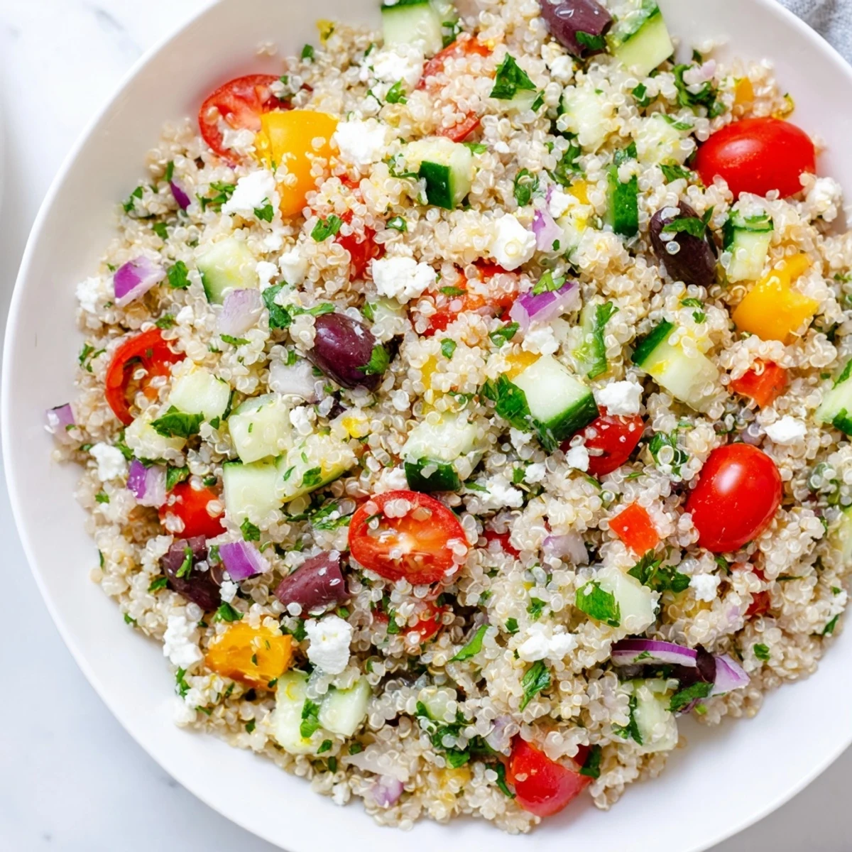 Freshly made Mediterranean Quinoa Salad with Lemon, colorful vegetables, and a bright, zesty dressing.