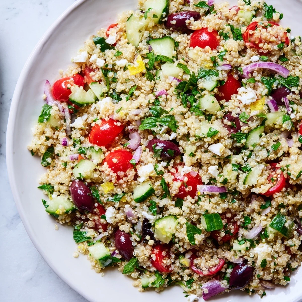 A flavorful bowl of Mediterranean Quinoa Salad with Lemon, featuring olives, herbs, and crumbly feta cheese.
