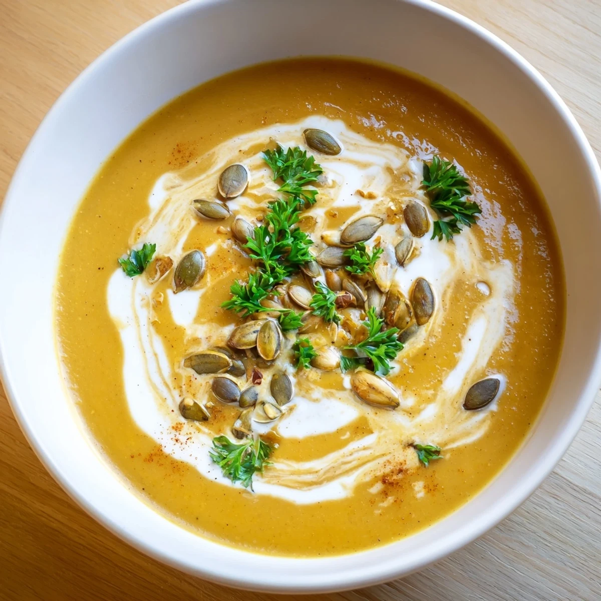 Steaming hot, creamy roasted butternut squash soup, garnished with pepitas and parsley, awaits.