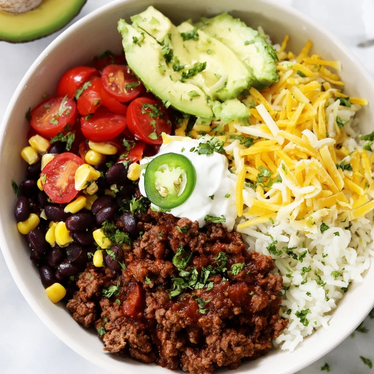Juicy seasoned ground beef and zesty cilantro lime rice layered with corn and black beans in a hearty Beef Burrito Bowl.