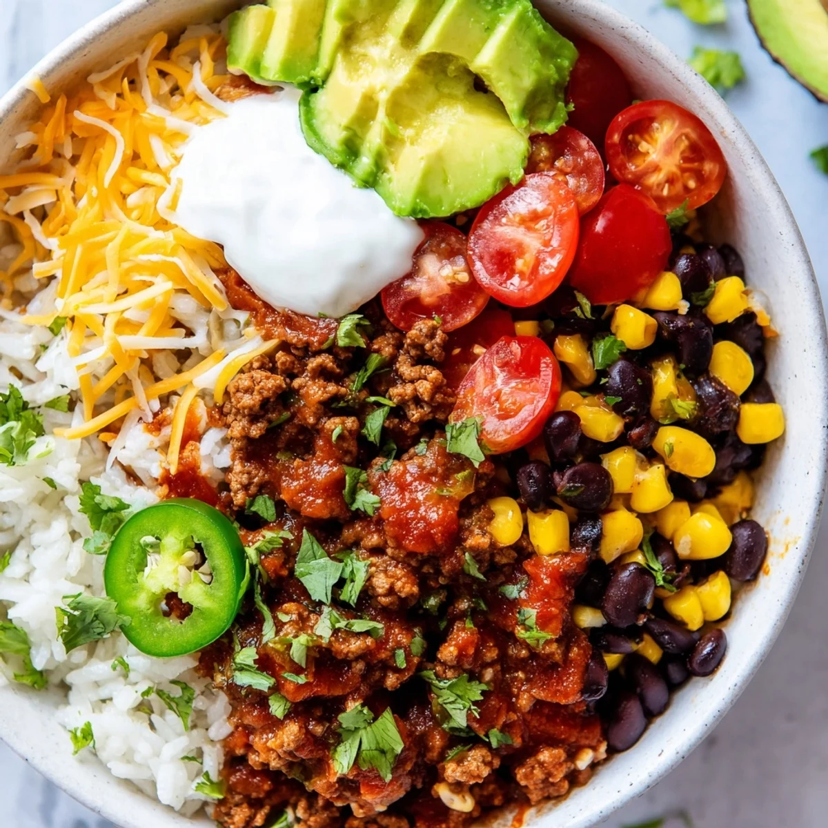 Colorful Beef Burrito Bowl featuring fluffy cilantro lime rice, savory beef, and spicy jalapeños arranged neatly in a serving dish.
