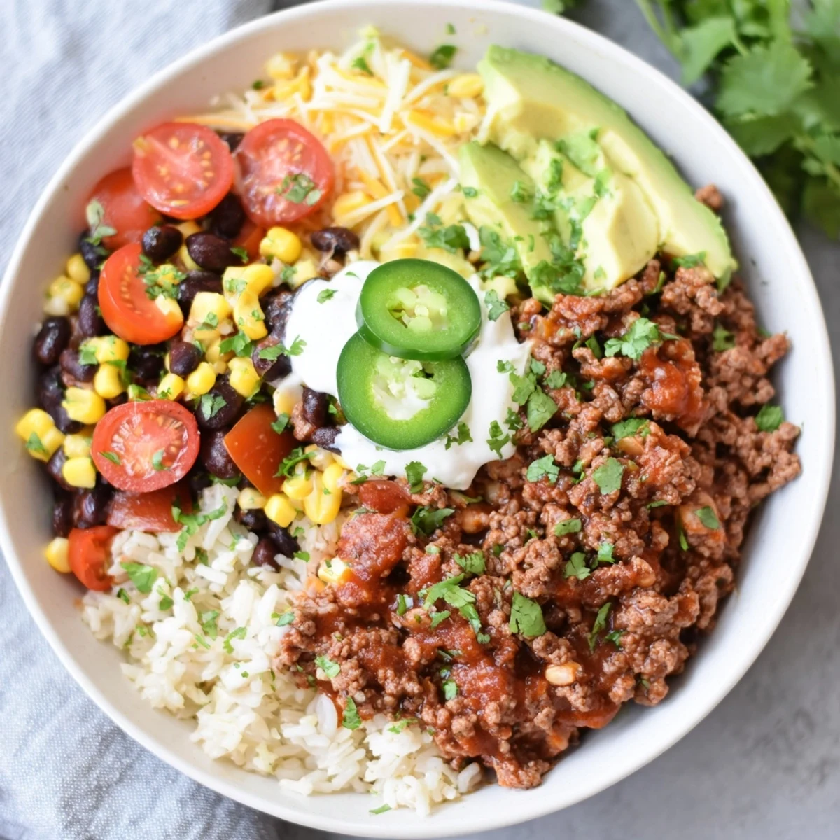 Ready to serve Beef Burrito Bowl topped with creamy avocado, melted cheese, and fresh pico de gallo for a quick weeknight meal.