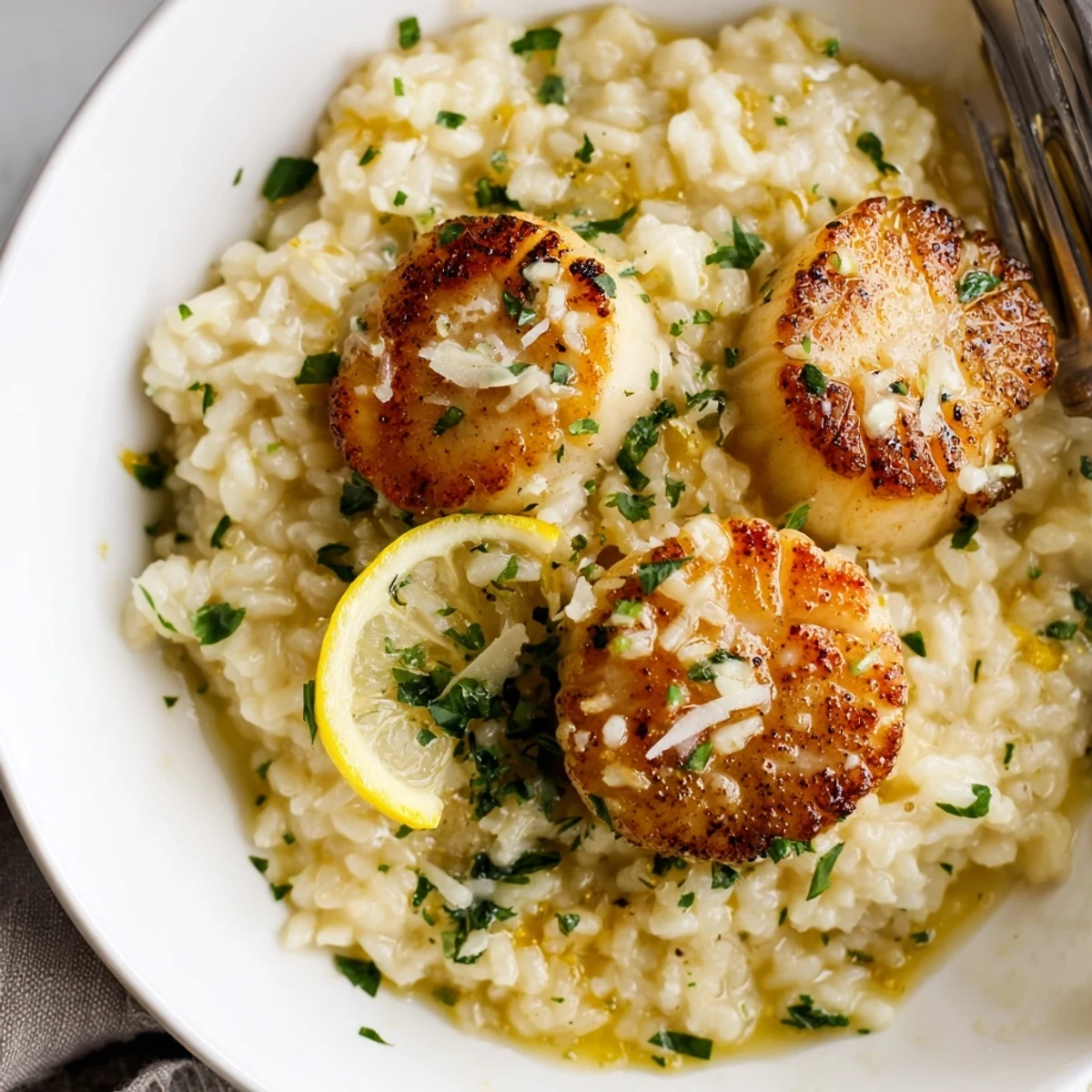 A close-up of tender scallops on rich risotto, glistening with lemon-garlic butter sauce and finished with fresh herbs.