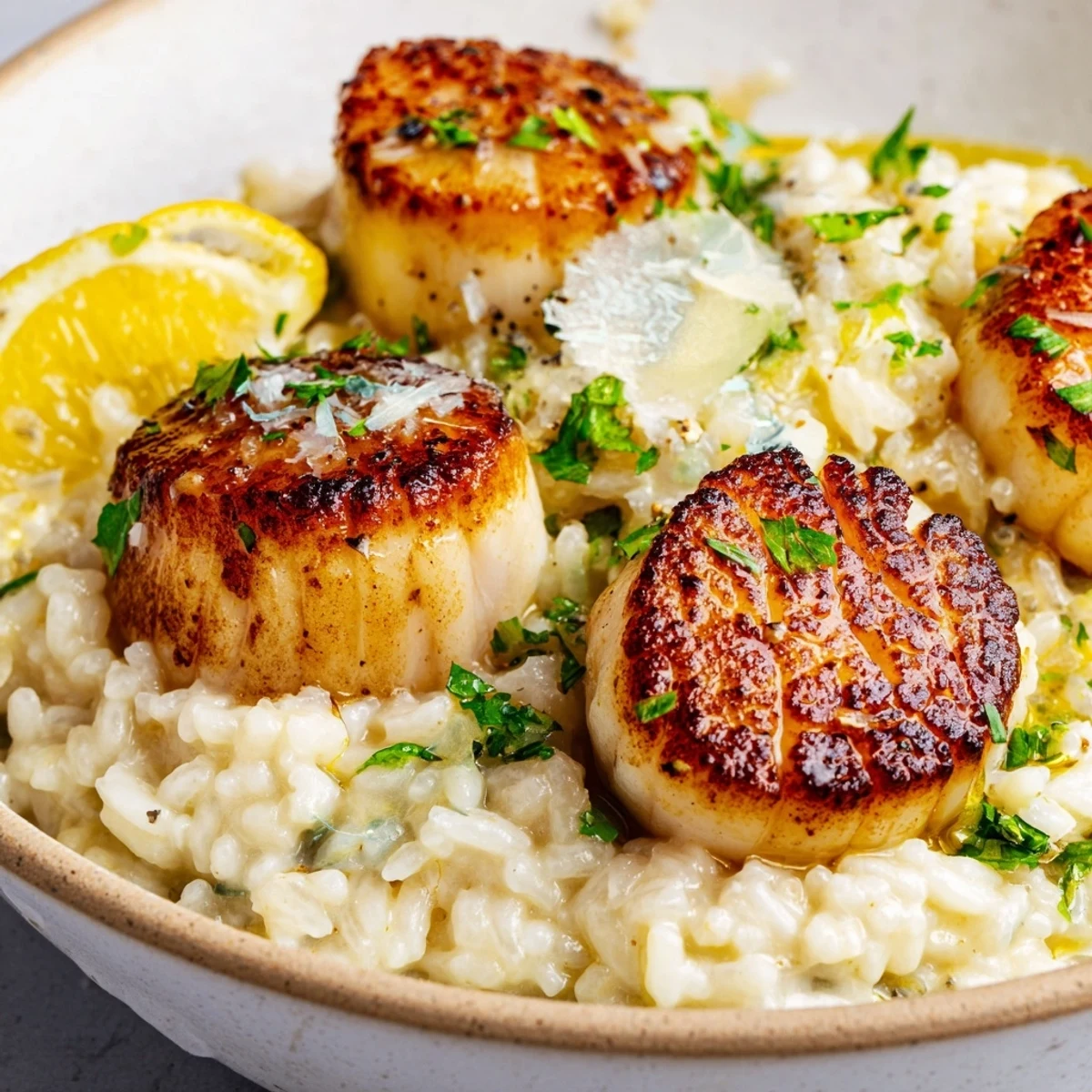 Restaurant-style Lemon Garlic Scallops with creamy risotto, garnished with chopped parsley and a bright squeeze of lemon.