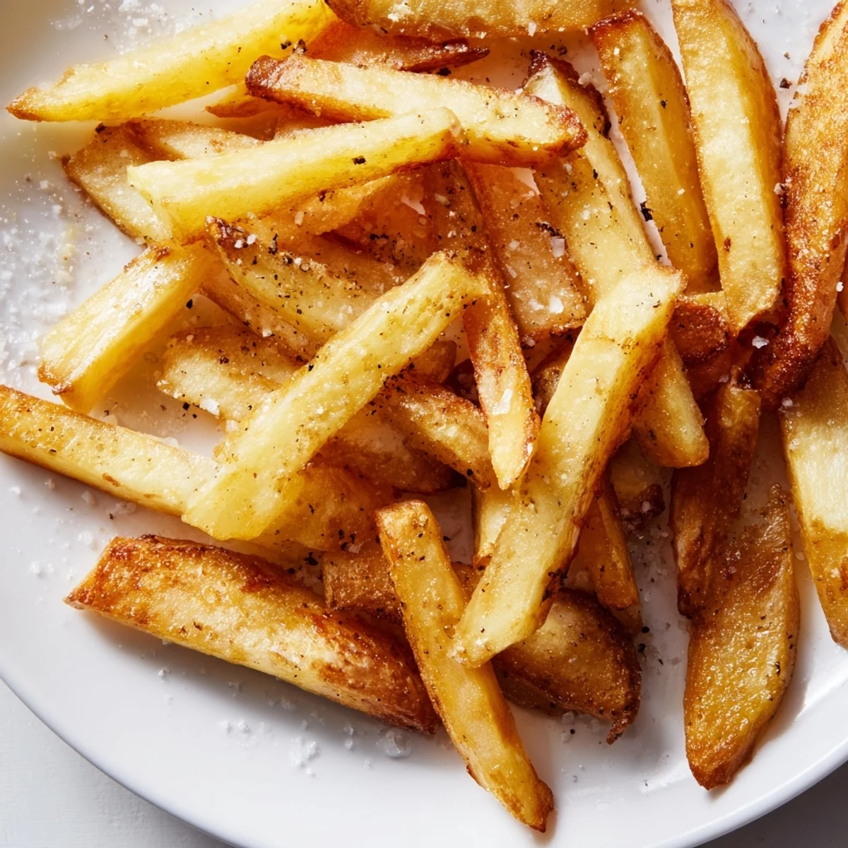 Hot, golden Crispy Air Fryer French Fries with Sea Salt served on a plate with ketchup.