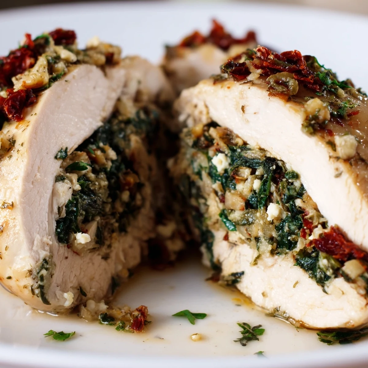 Golden-brown baked Spinach and Feta Stuffed Chicken Breast sliced open to reveal a vibrant green and white cheesy filling, served alongside roasted asparagus.