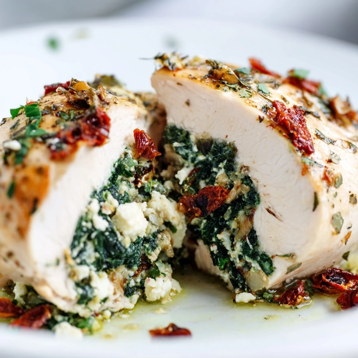 Juicy Spinach and Feta Stuffed Chicken Breast resting on a white plate, garnished with fresh parsley and sun-dried tomatoes for a Mediterranean-inspired dinner.