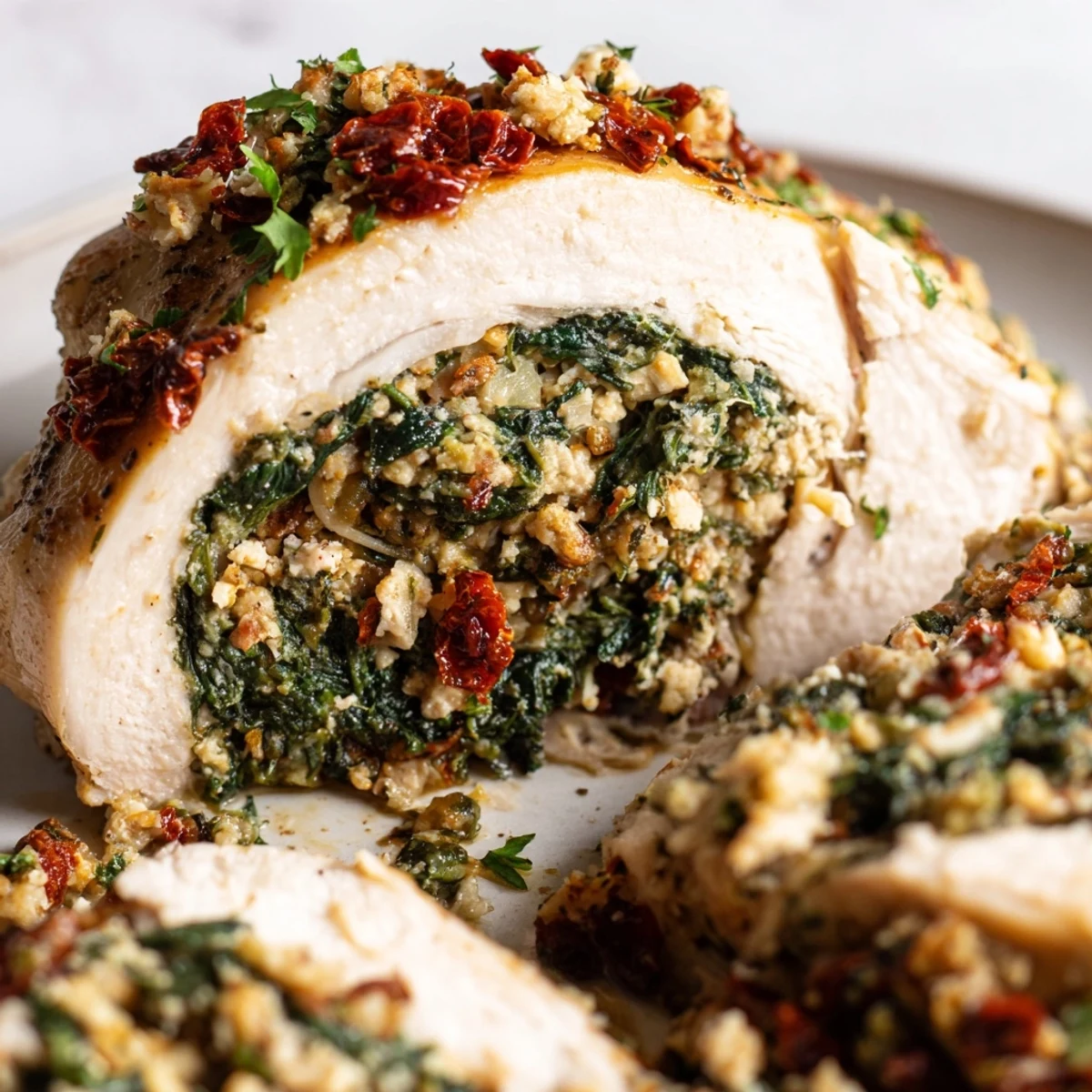 Freshly prepared Spinach and Feta Stuffed Chicken Breast baked to perfection in a ceramic dish, showcasing a savory, bubbling cheese and spinach mixture.