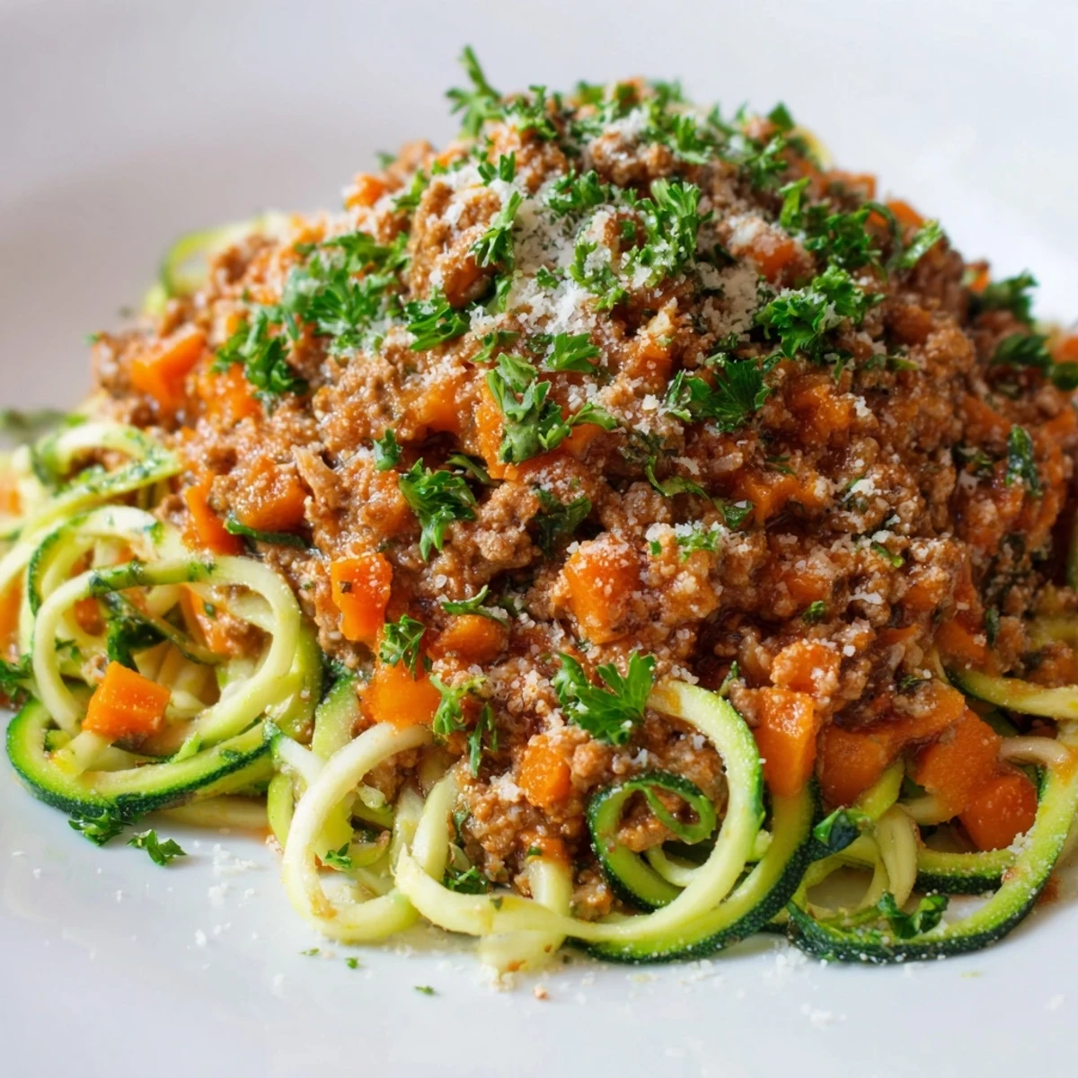 Golden-brown turkey Bolognese sauce simmering in a skillet, featuring aromatic onions, carrots, and herbs, ready to be served over fresh zucchini noodles.