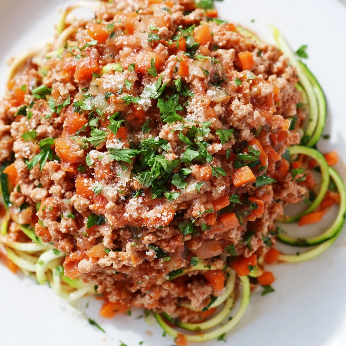 A plated serving of Turkey Bolognese with Zucchini Noodles, garnished with chopped parsley and a sprinkle of Parmesan, showcasing a low-carb meal.