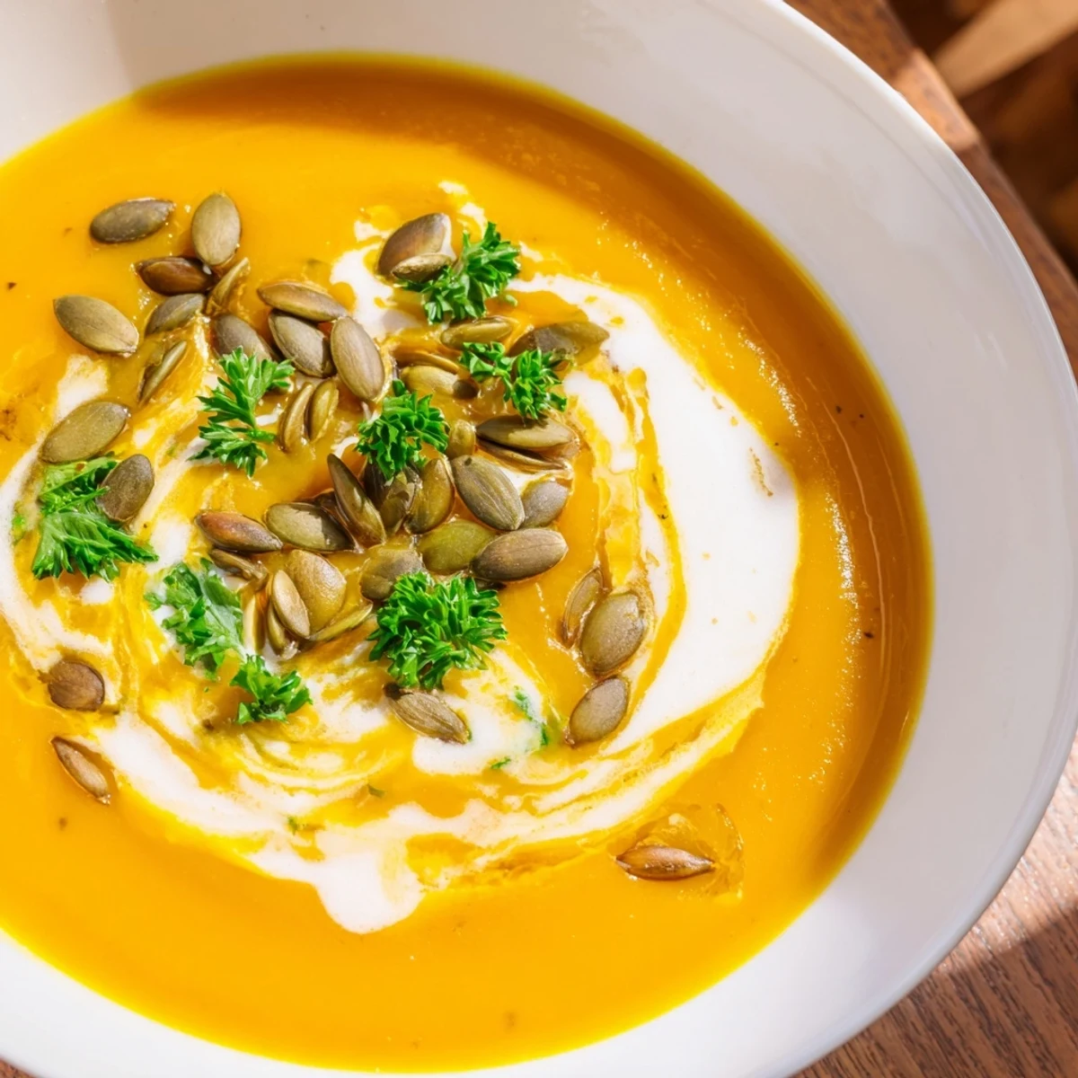 Creamy Pumpkin Soup with Pumpkin Seeds in a rustic bowl, garnished with toasted seeds and fresh chives.