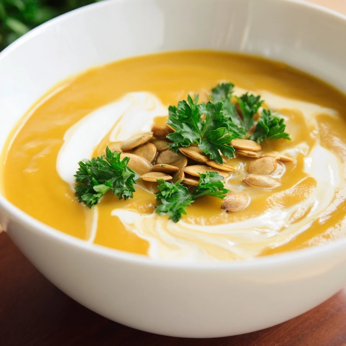 Warm bowl of Creamy Pumpkin Soup with Pumpkin Seeds, served alongside crusty artisan bread for dipping.