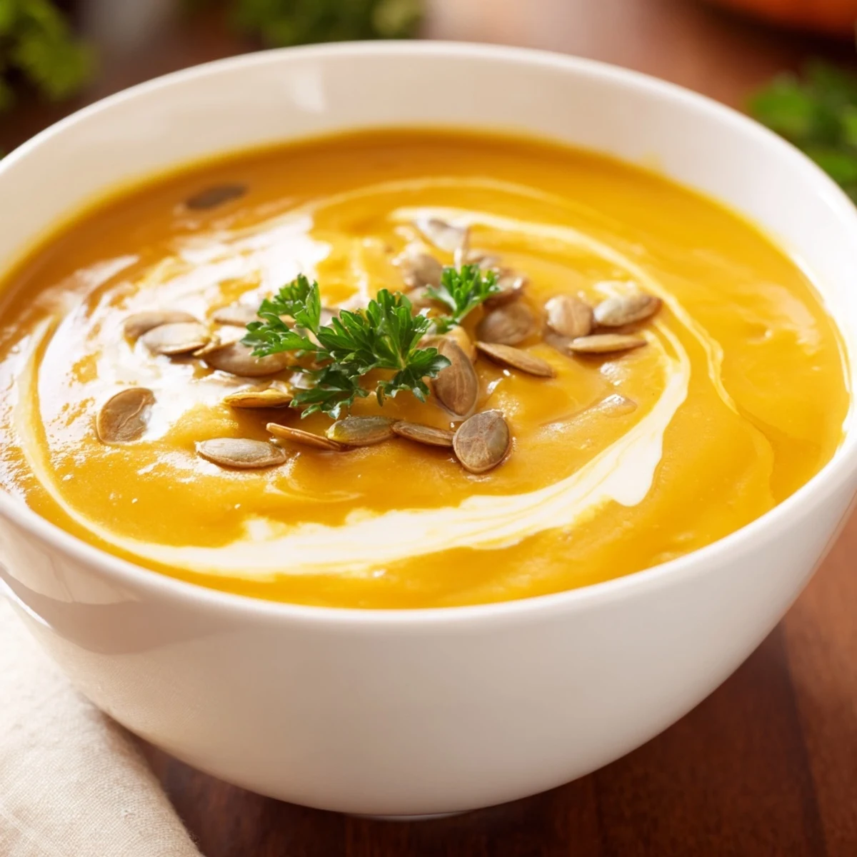 Velvety Creamy Pumpkin Soup with Pumpkin Seeds topped with crunchy pepitas, ready to enjoy with a spoon.