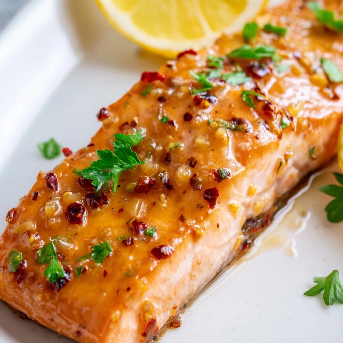 Freshly baked salmon fillet glistening with a sticky honey garlic glaze, garnished with parsley and lemon wedges on a rustic wooden board.