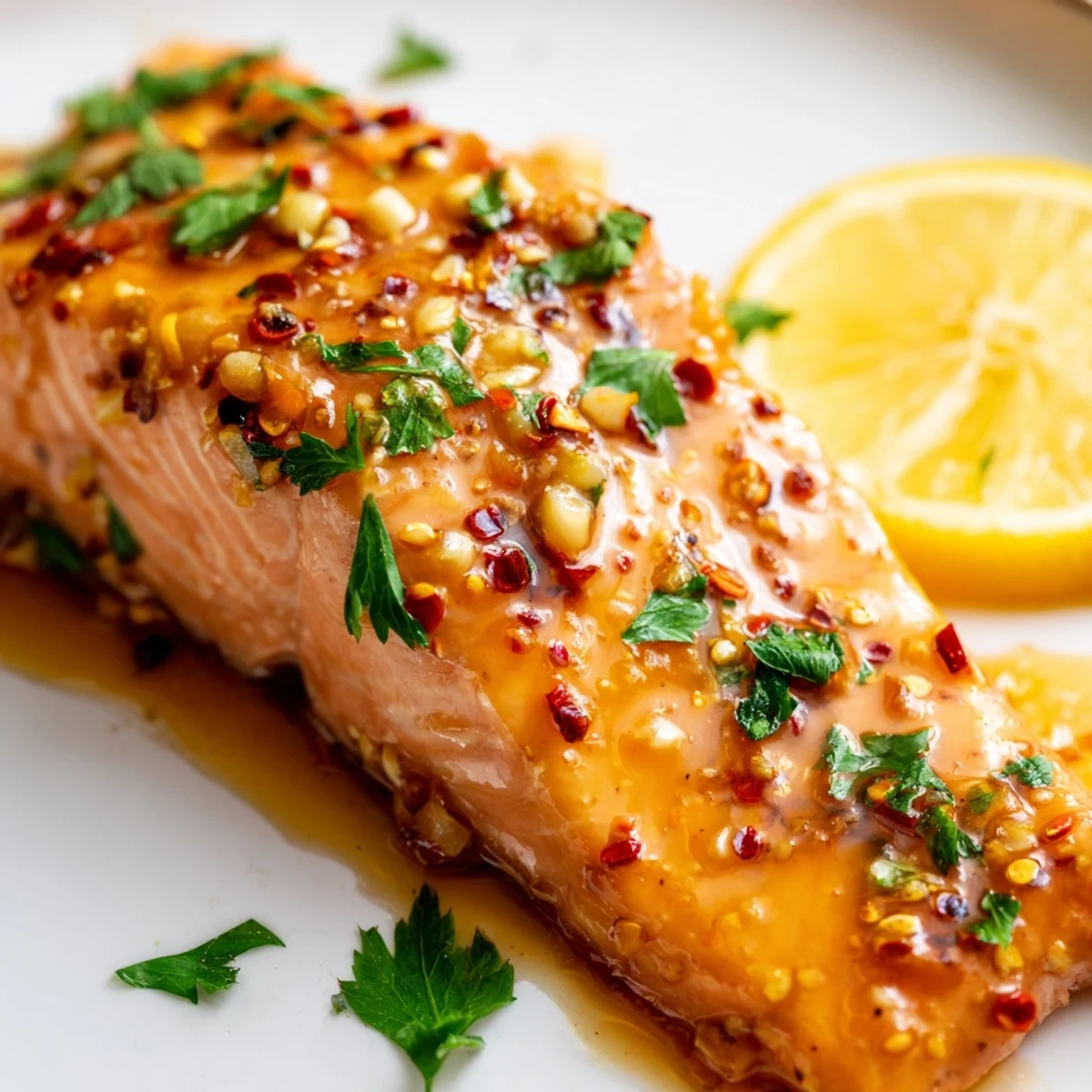 Tender oven-baked salmon topped with sweet and savory honey garlic glaze, served with lemon wedges on a dark plate for a weeknight dinner.