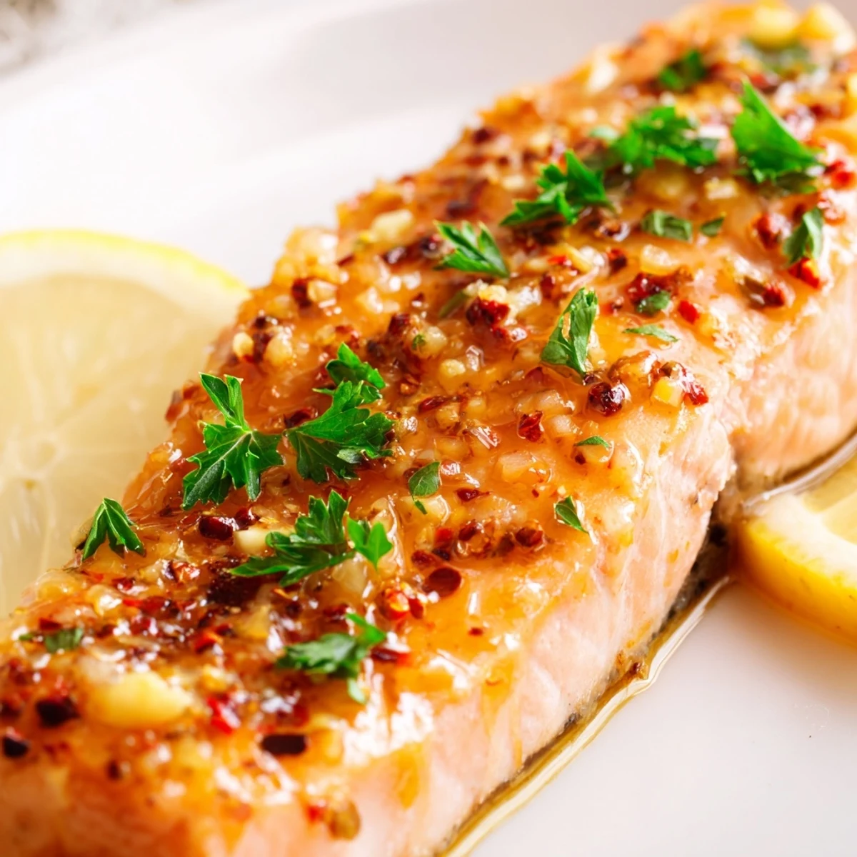 Golden Baked Salmon with Honey Garlic Glaze, garnished with fresh parsley and ready to serve with roasted vegetables on the side.