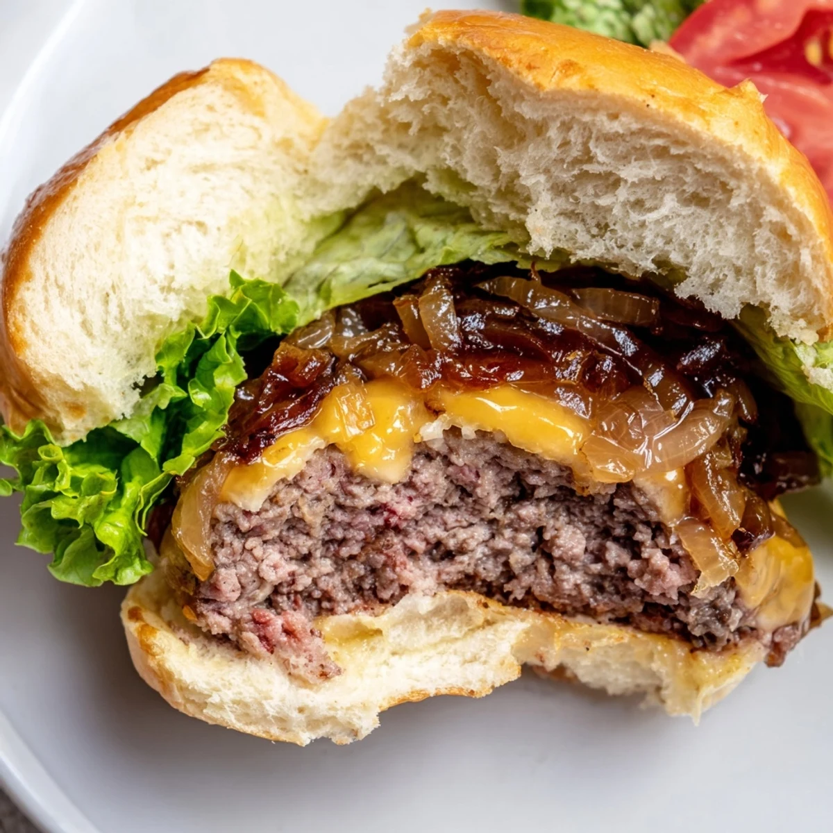 Freshly grilled mini burgers with caramelized onions and cheese stacked on soft slider buns. 