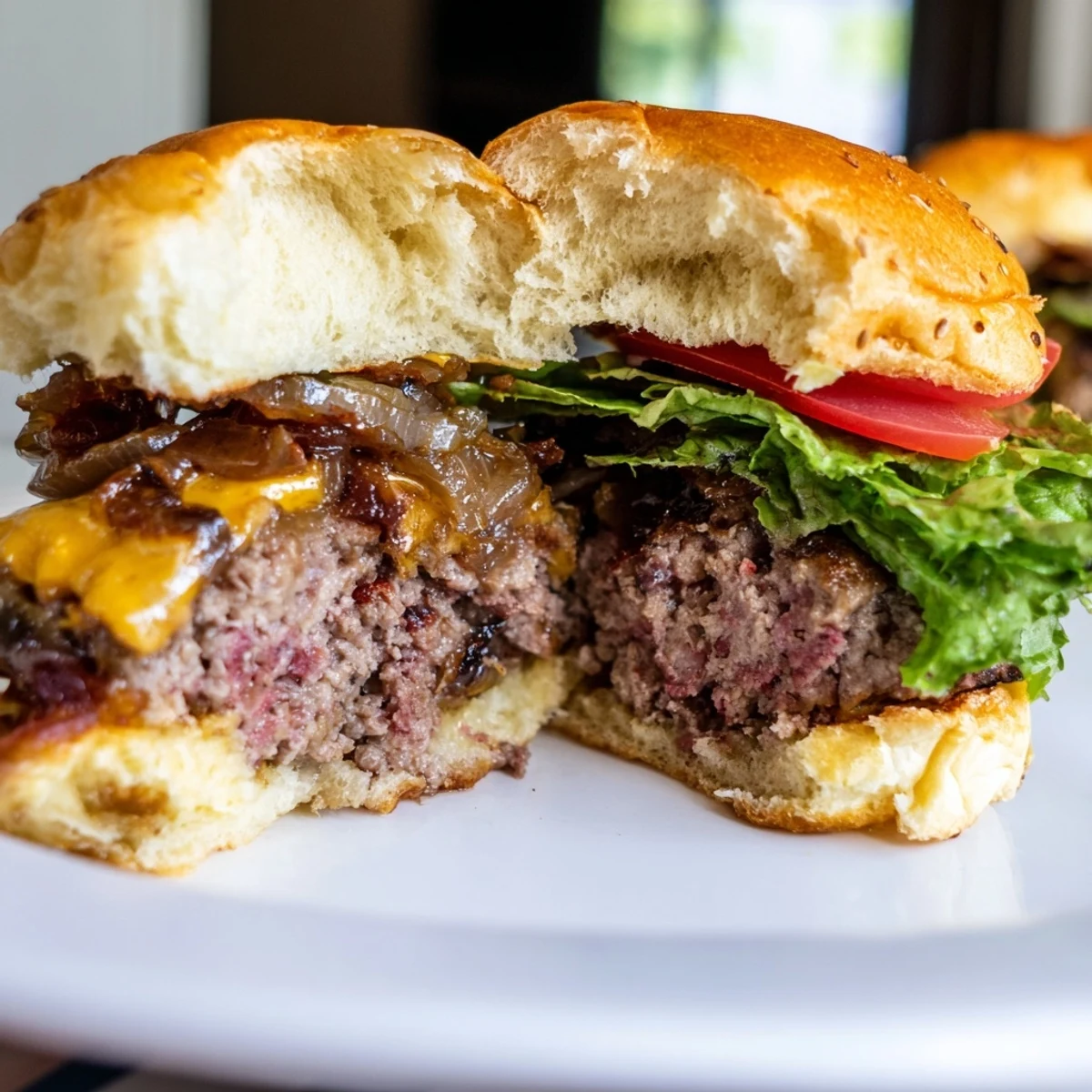 Golden-brown beef sliders with melted cheddar and sweet caramelized onions on toasted buns. 