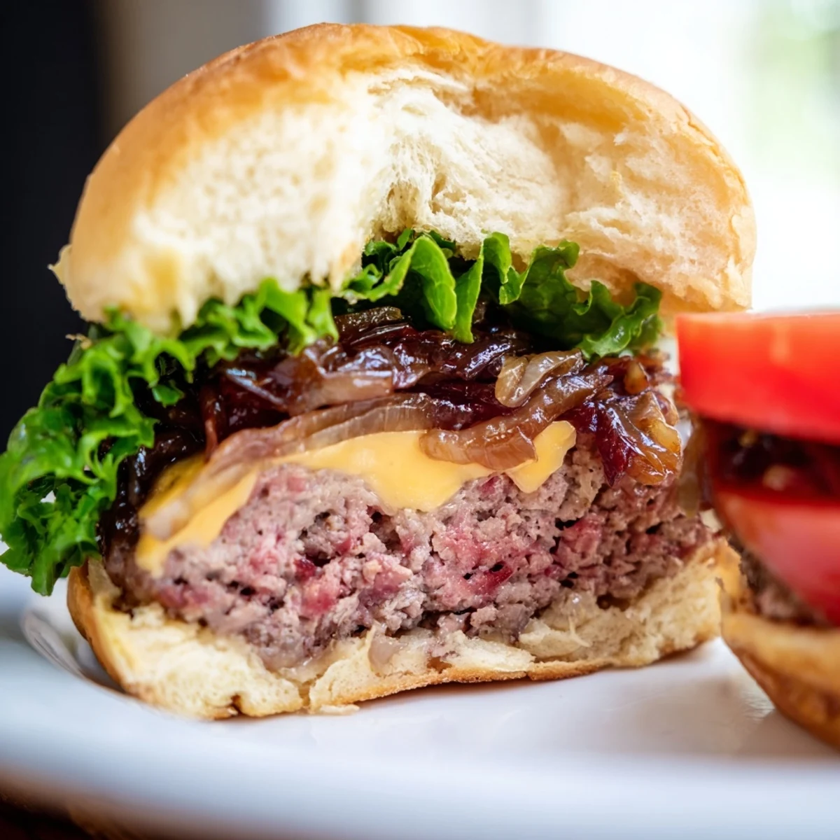 Party-ready beef sliders with gooey Swiss cheese and rich caramelized onions on a platter.