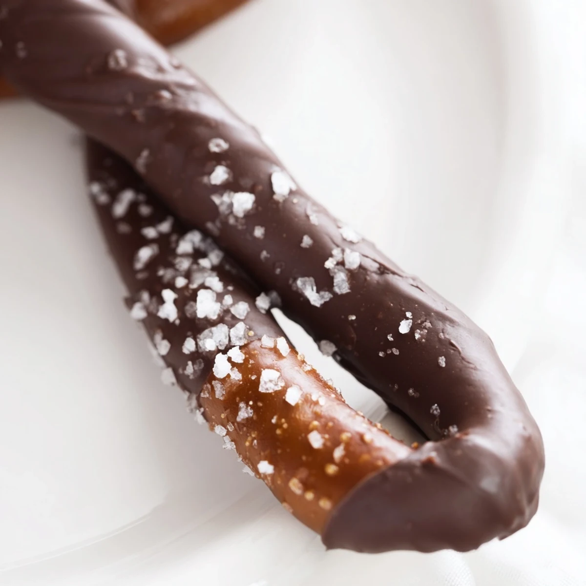 Chocolate Dipped Pretzels with Sea Salt on a tray, with rich melted chocolate coating the rods and flaky salt sprinkled on top.