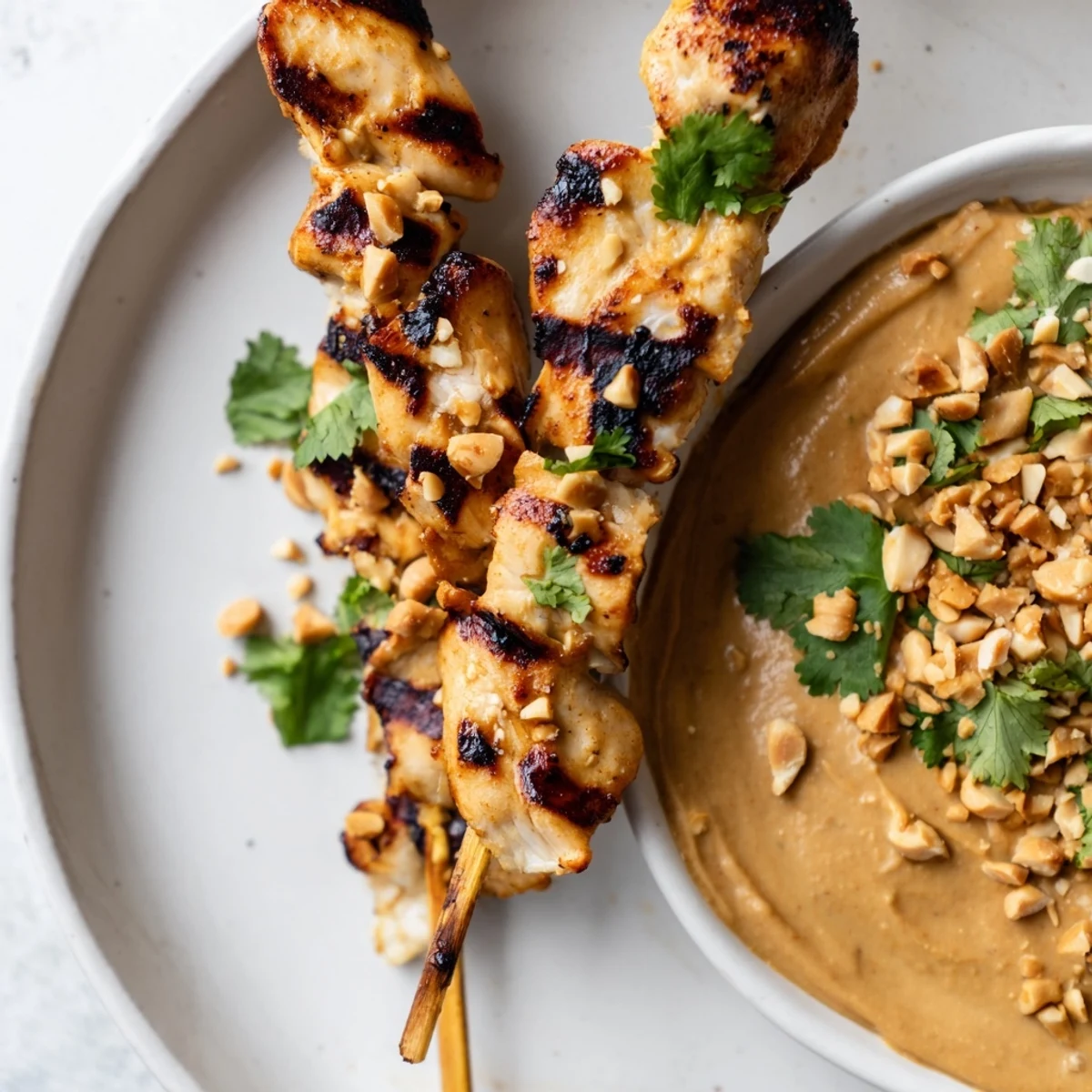 Grilled Chicken Satay Skewers with Peanut Dipping Sauce garnished with fresh cilantro on a platter.