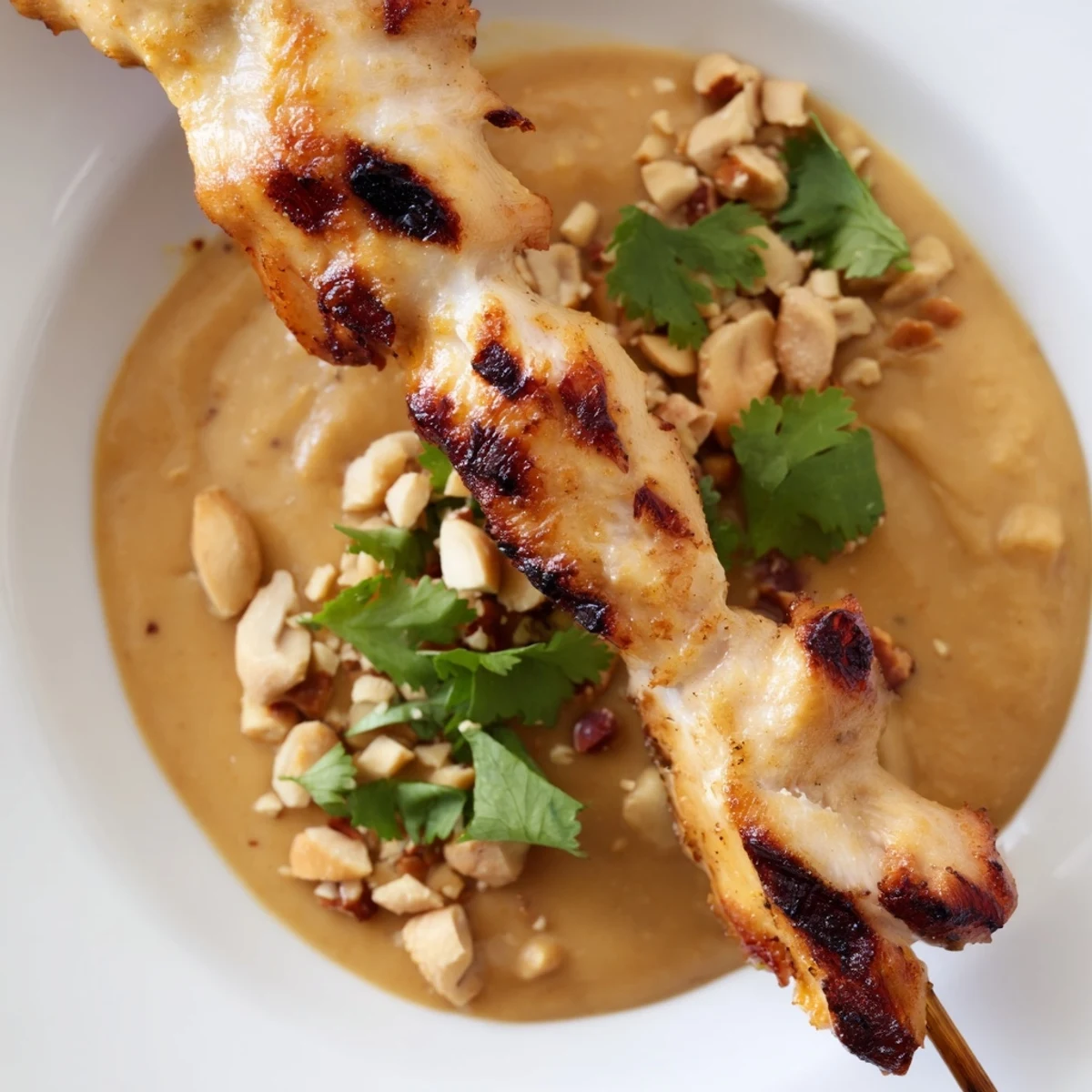 Freshly grilled Chicken Satay Skewers with Peanut Dipping Sauce served with lime wedges and peanuts.