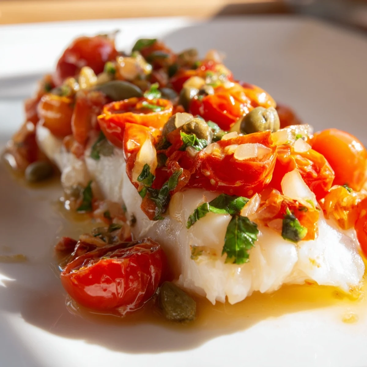 Golden-brown baked cod topped with a bubbling cherry tomato sauce, served alongside roasted potatoes and fresh basil.
