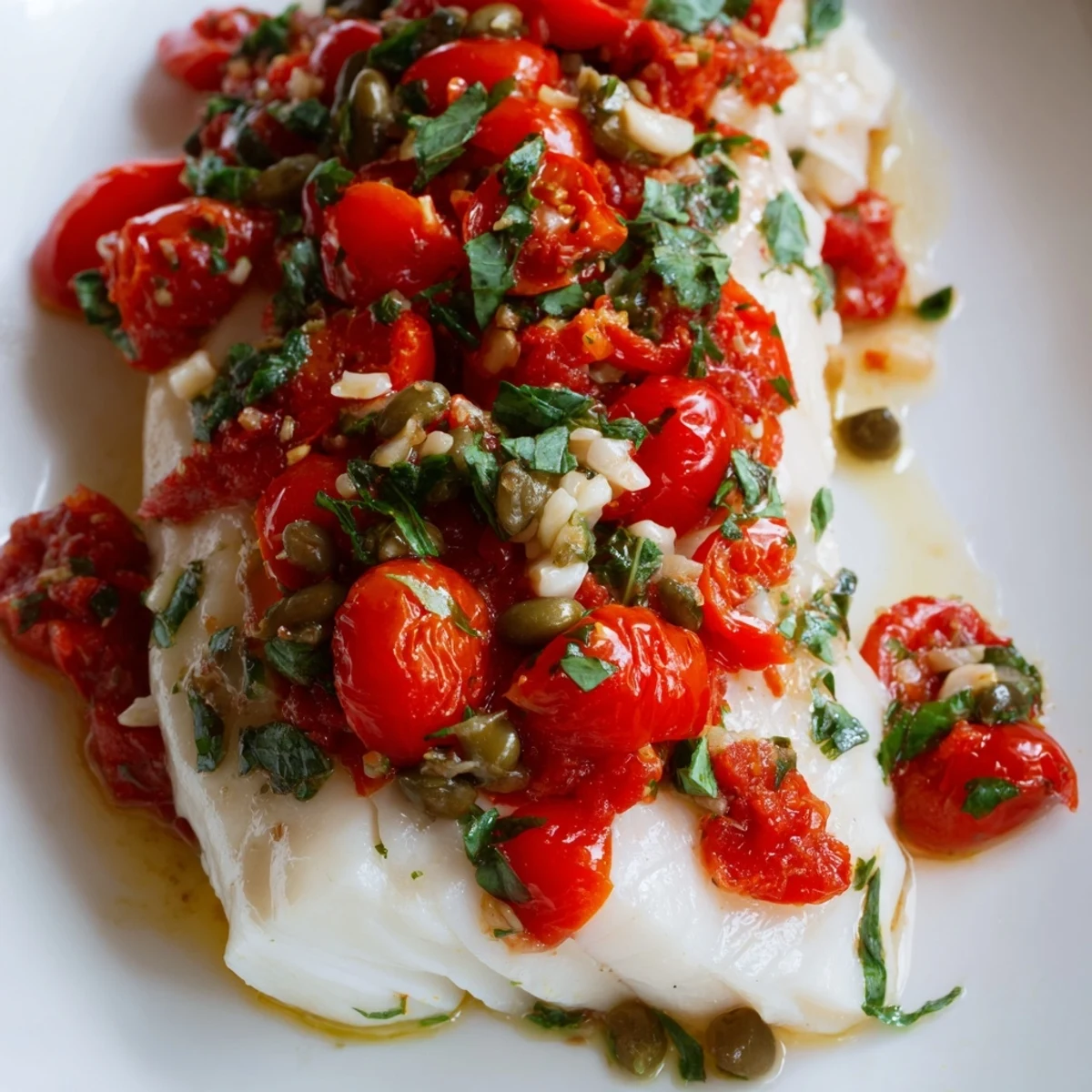 Flaky baked cod fillets with a vibrant cherry tomato sauce featuring fresh herbs and garlic, garnished with lemon zest.
